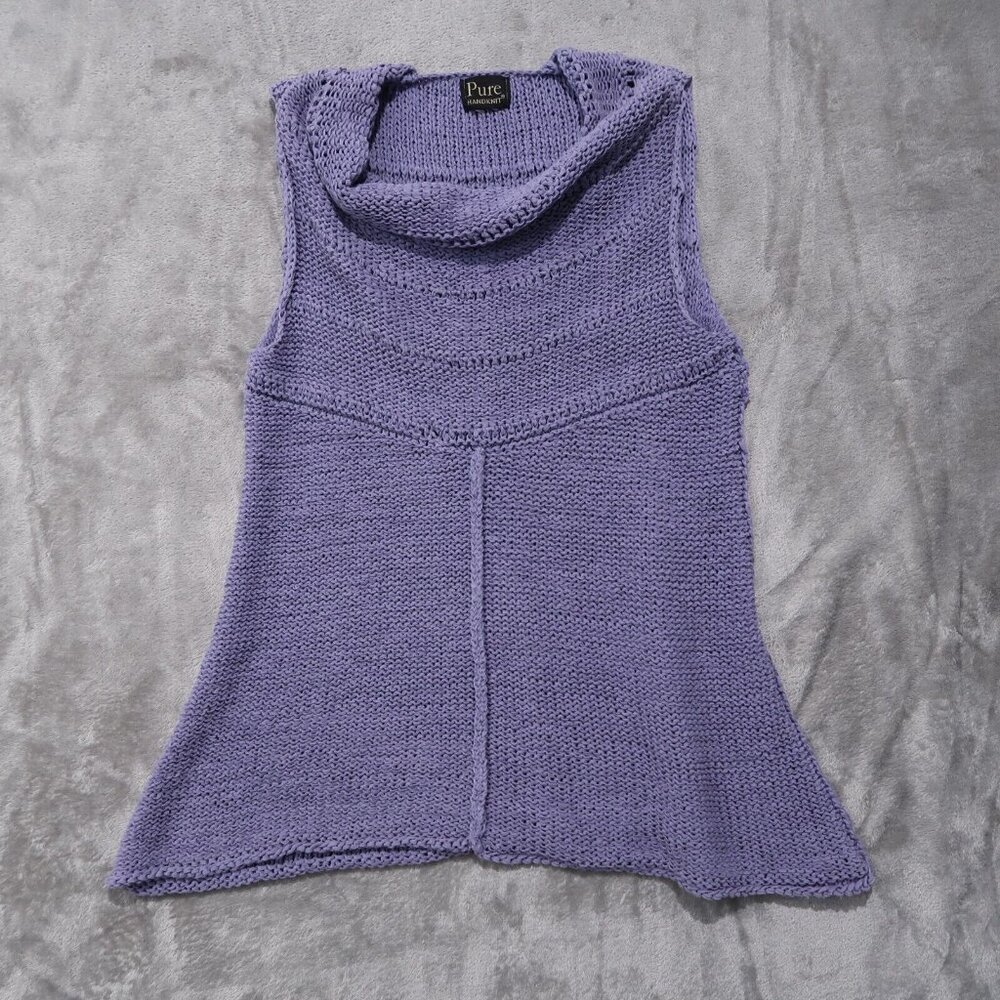 Pure Handknit Sweater Womens M Purple Knit Tunic Cowl Neck Sleeveless Lagenlook